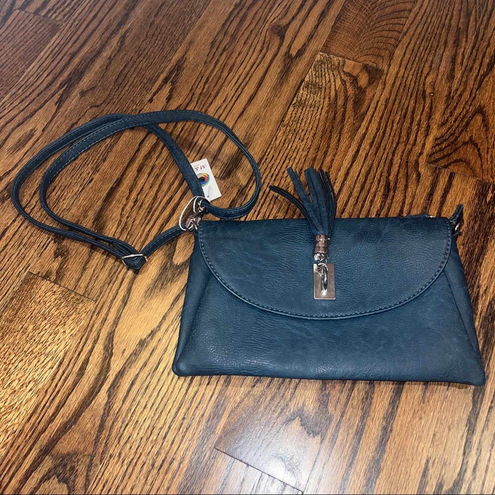 NWT French Faux Leather Blue Purse with Tassel and Silver Hardware